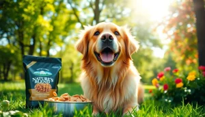 Golden retriever enjoying nature's blend dog food Canada in a vibrant park setting.