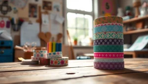 Design vibrant custom washi tape rolls on a rustic table, showcasing intricate patterns and textures.