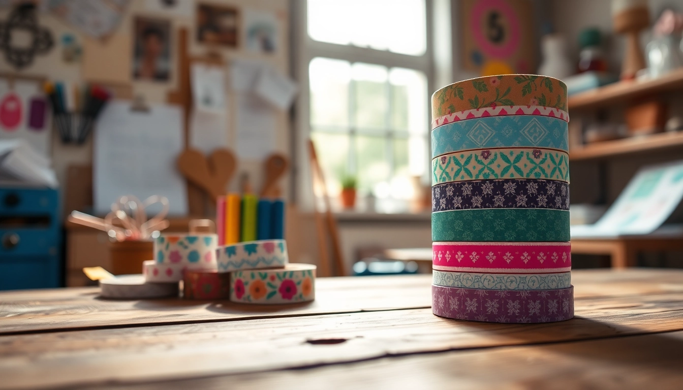 Design vibrant custom washi tape rolls on a rustic table, showcasing intricate patterns and textures.
