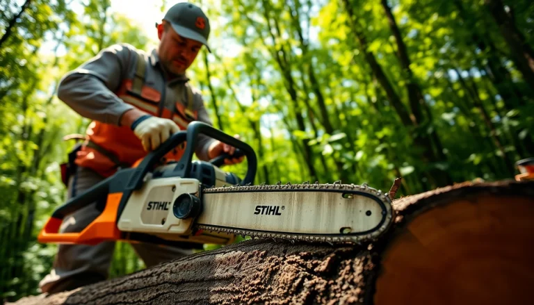 Stihl Kettensäge in Aktion, den Wald präzise durchtrennend.