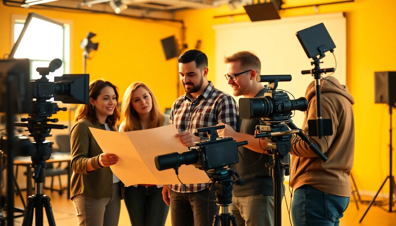 Collaborative effort among edmonton production companies in a studio, emphasizing creativity.