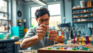 Acrylic keychain maker showcasing vibrant custom designs in a modern workshop.