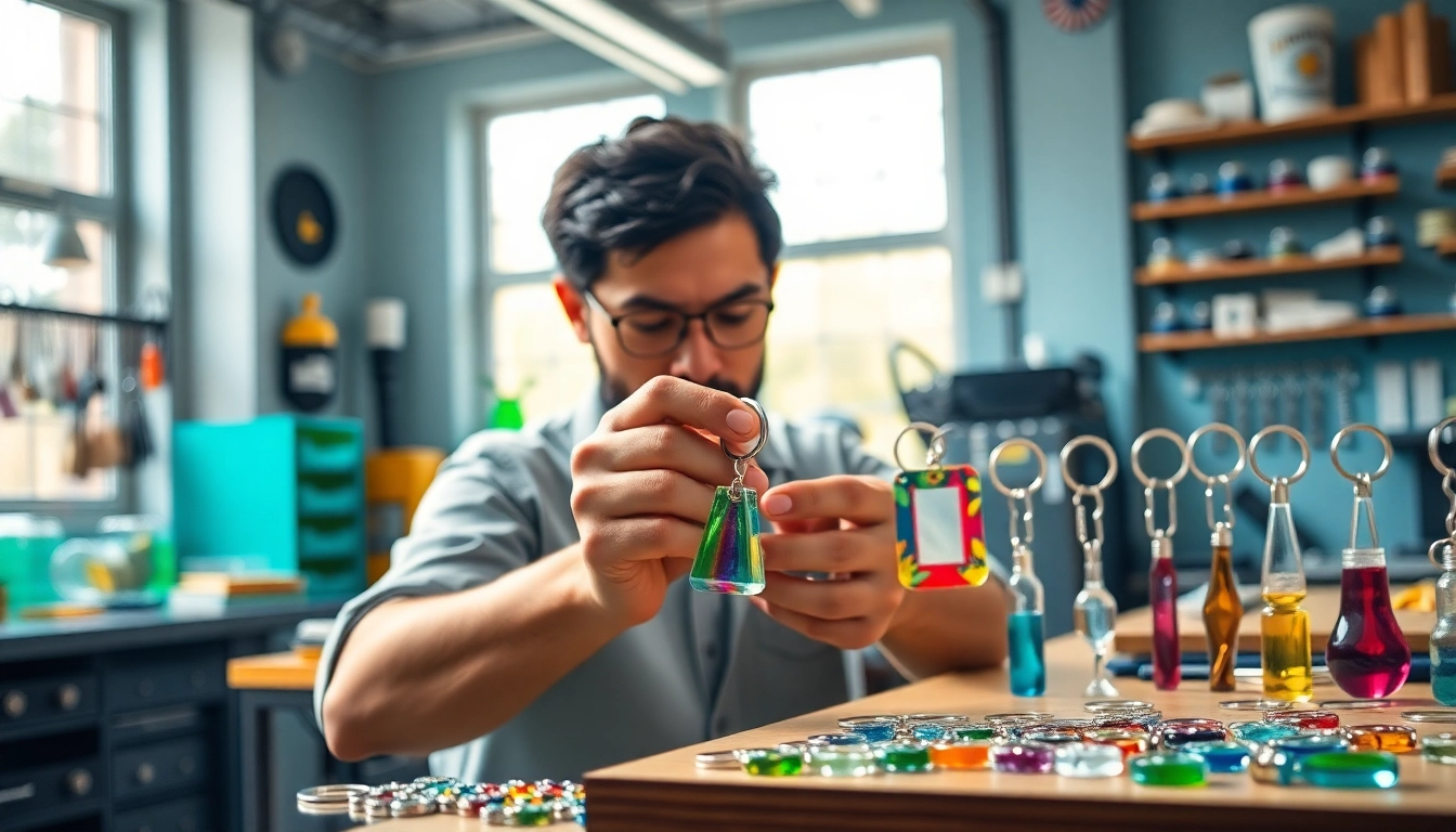 Acrylic keychain maker showcasing vibrant custom designs in a modern workshop.