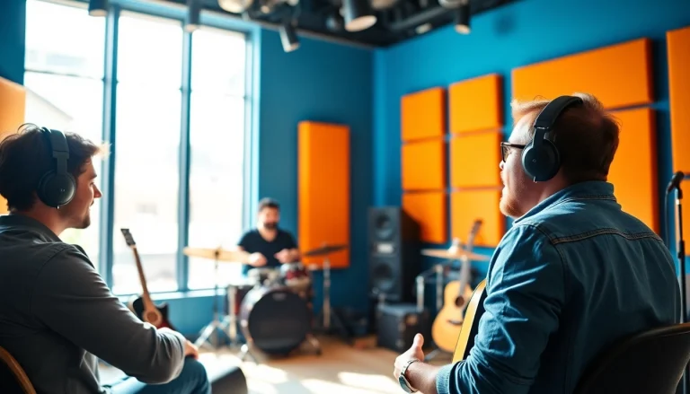 Engaging scene of music pitching with a songwriter presenting their songs to curators.