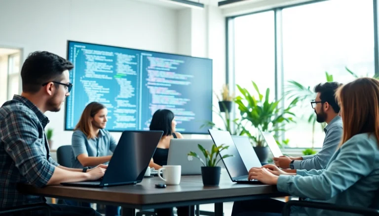 Team collaborating on web development projects in a modern office setting.