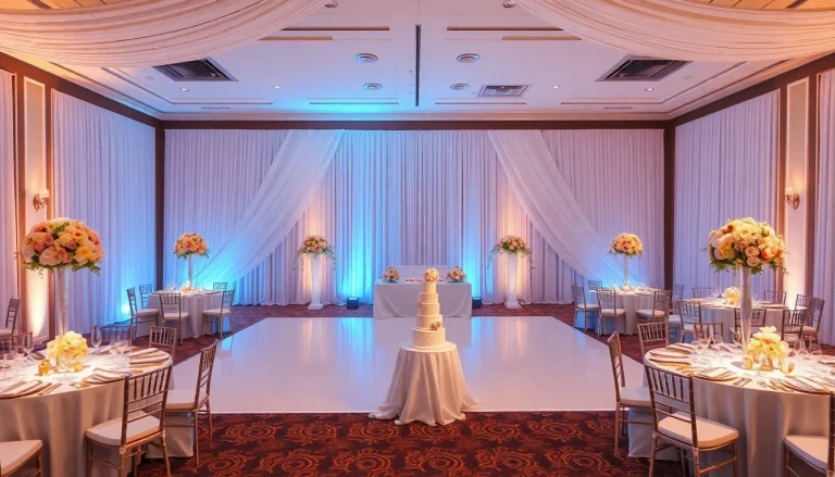 Capture the ambience of le prestige hall, featuring a stunning wedding reception setup.