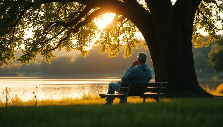 Person reflecting on dealing with grief while sitting under a tree by a tranquil lake.