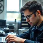 A skilled technician performing computer repair on a laptop in a well-equipped workspace.