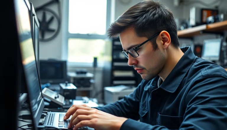 A skilled technician performing computer repair on a laptop in a well-equipped workspace.