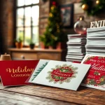 Explore unique holiday cards London showcased on a rustic table, highlighting festive designs.