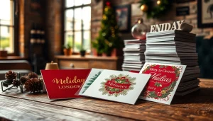 Explore unique holiday cards London showcased on a rustic table, highlighting festive designs.