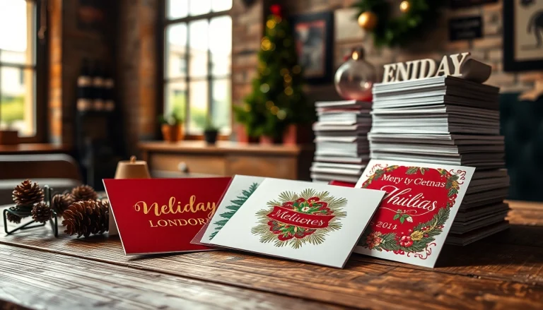 Explore unique holiday cards London showcased on a rustic table, highlighting festive designs.