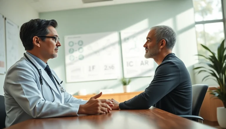 Highlighting Peptide Therapy consultation with a doctor and patient in a calming medical environment.