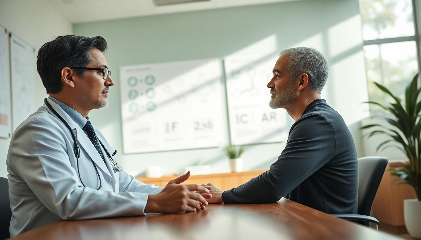 Highlighting Peptide Therapy consultation with a doctor and patient in a calming medical environment.
