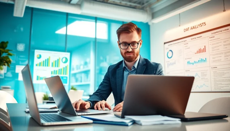 Analyze competitive intelligence data in a professional office setting with charts and graphs.