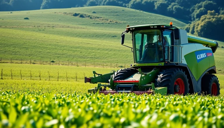 Claas Landmaschinen im Einsatz auf einem grünen Feld unter Sonnenlicht.