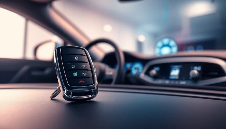 Showcasing Keyless Carkeys remote fob elegantly placed on a car dashboard.