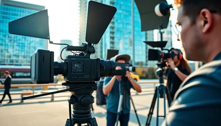 Filmmaking crew showcasing edmonton production companies in action at a vibrant urban shoot.