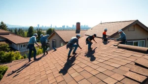 Roofing Vancouver Wa team installing new roofing on a home in a vibrant urban setting.