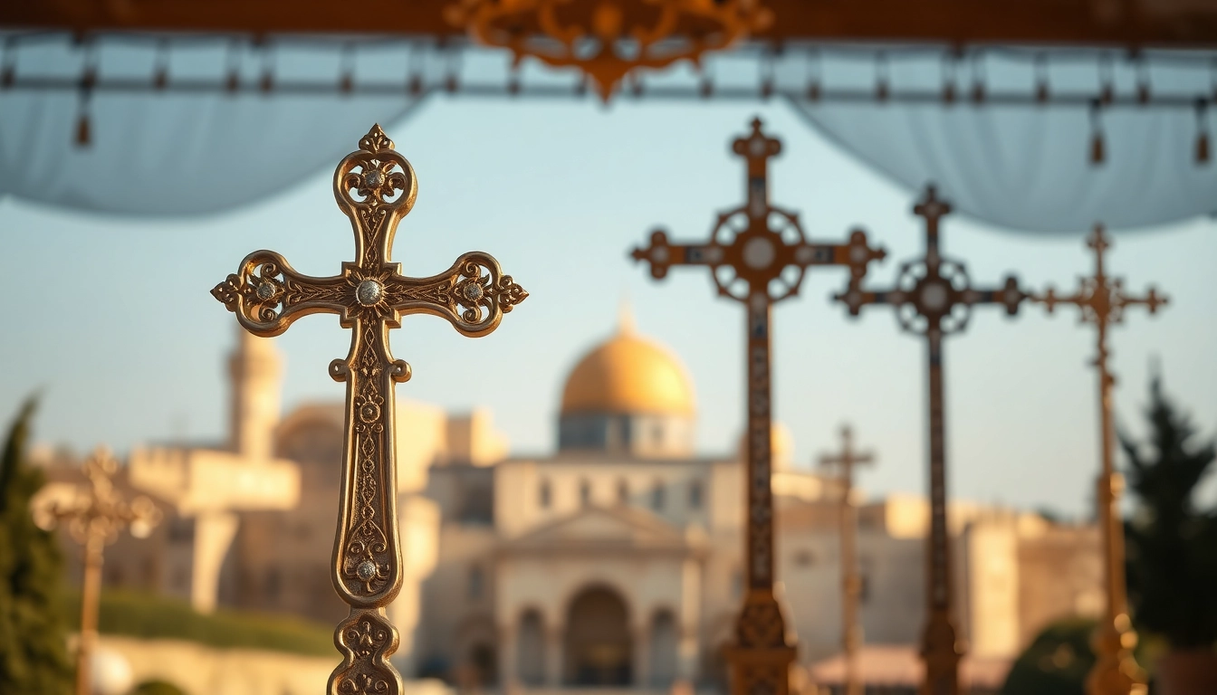 Admiring Jerusalem crosses in an ornate display, capturing their rich symbolism and intricate details.