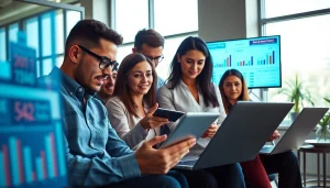Analyze competitor pricing data with a digital marketing team in a professional office.