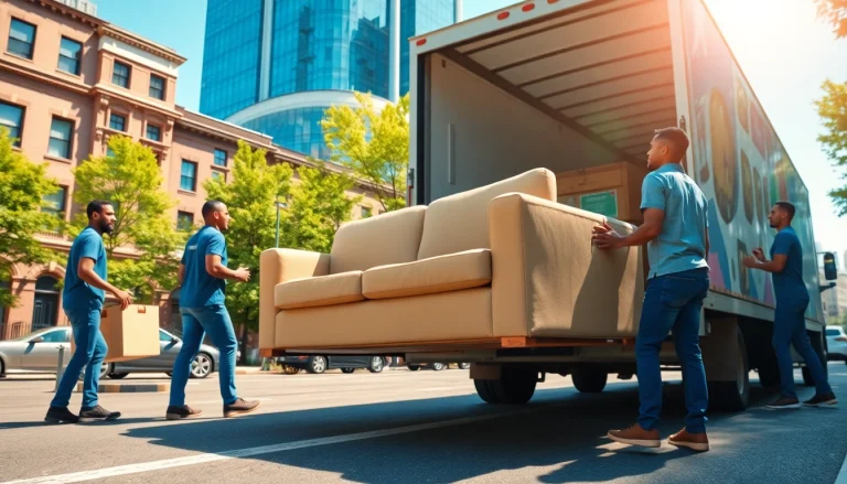 Efficient Queens movers loading furniture, showcasing teamwork and care in a vibrant city.
