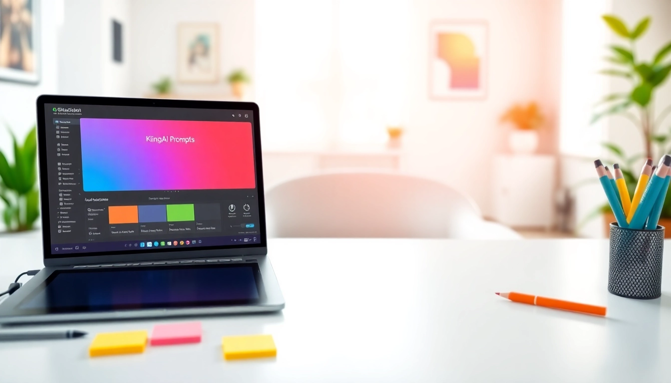 KlingAI Prompts illustrated on a laptop screen in a creative video editing workspace.
