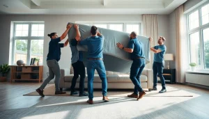 Experienced movers calgary carefully moving a large sofa into a modern home