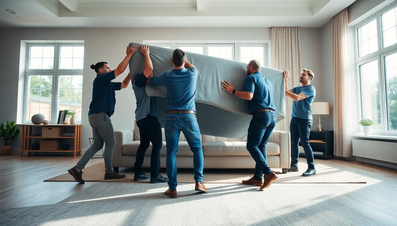 Experienced movers calgary carefully moving a large sofa into a modern home
