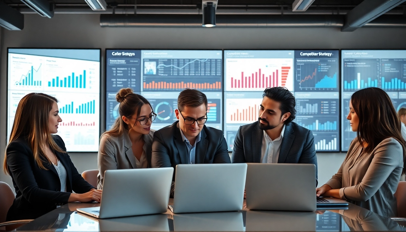 Team analyzing competitive intelligence for sales data in a modern office environment