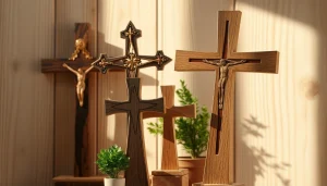 Handmade crosses crafted from quality materials displayed beautifully on a natural wooden surface.