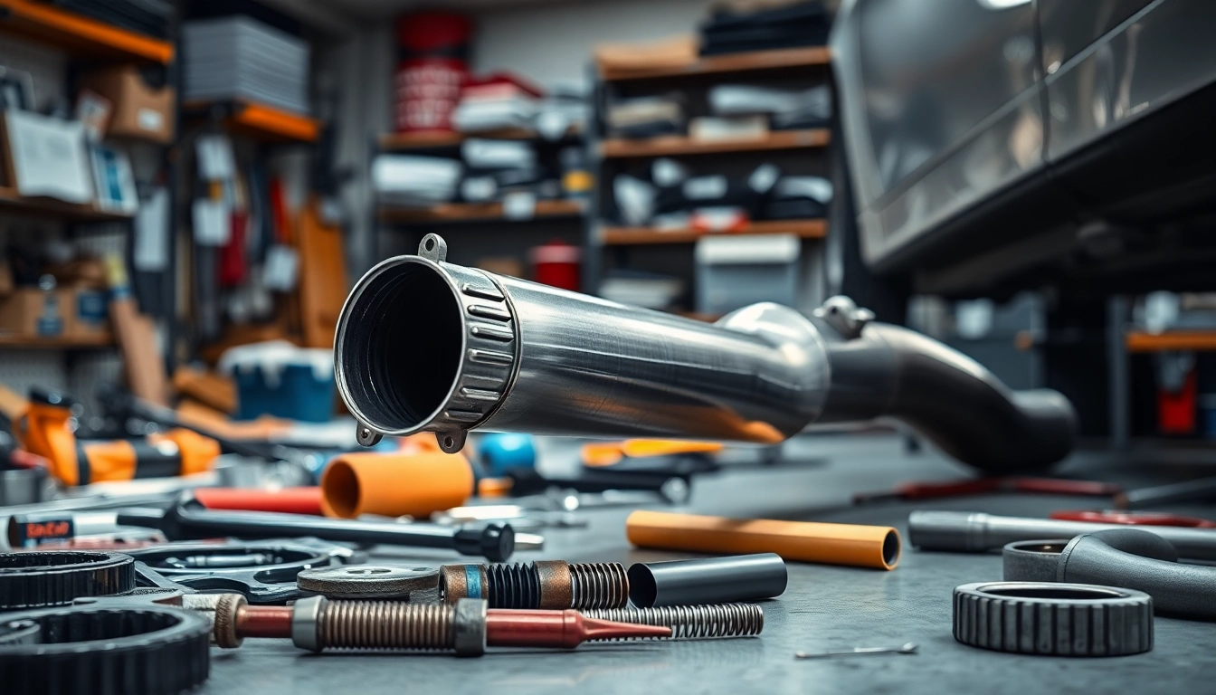 Showcasing downpipe n55 with a sleek design in an organized automotive workshop setting.