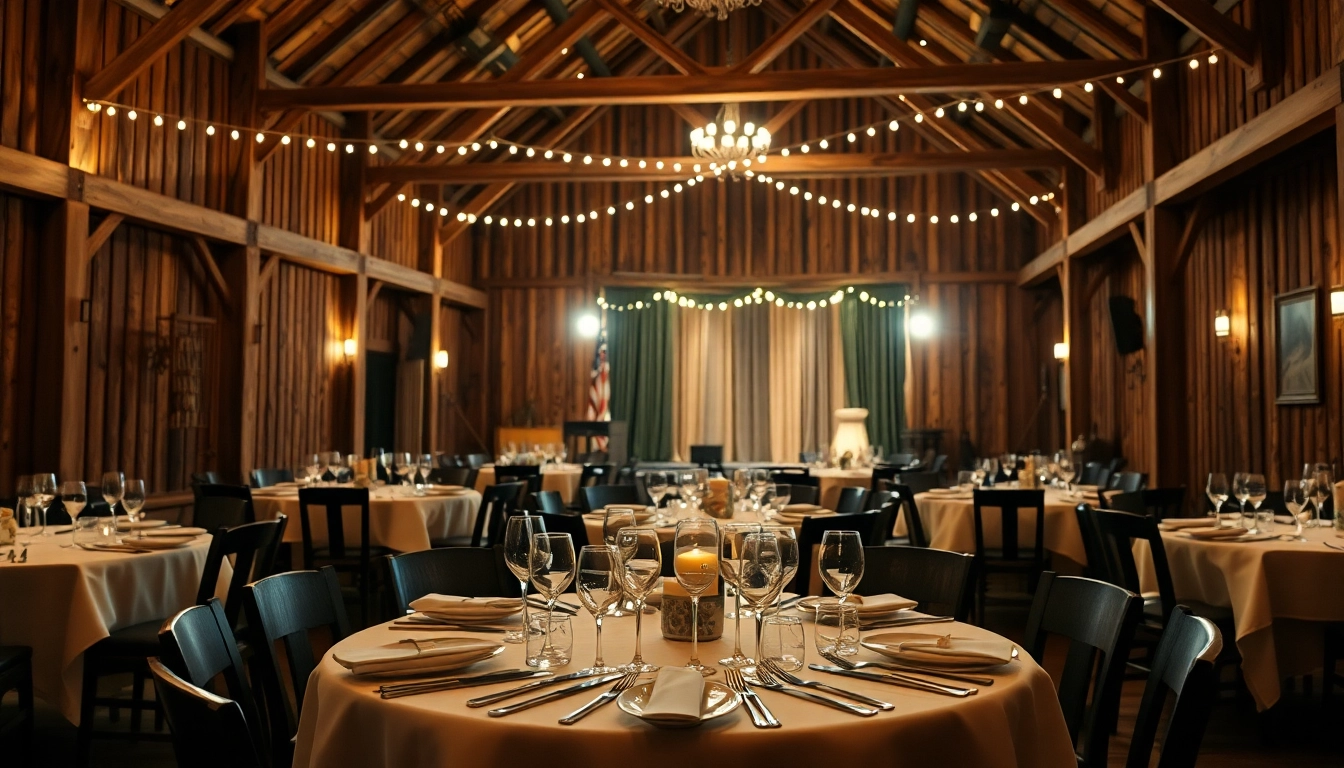 Experience the enchanting barn dinner theater ambiance featuring dining setups and a performance stage.
