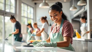Restaurant Janitorial Cleaning service team energetically sanitizing kitchen areas with modern equipment.