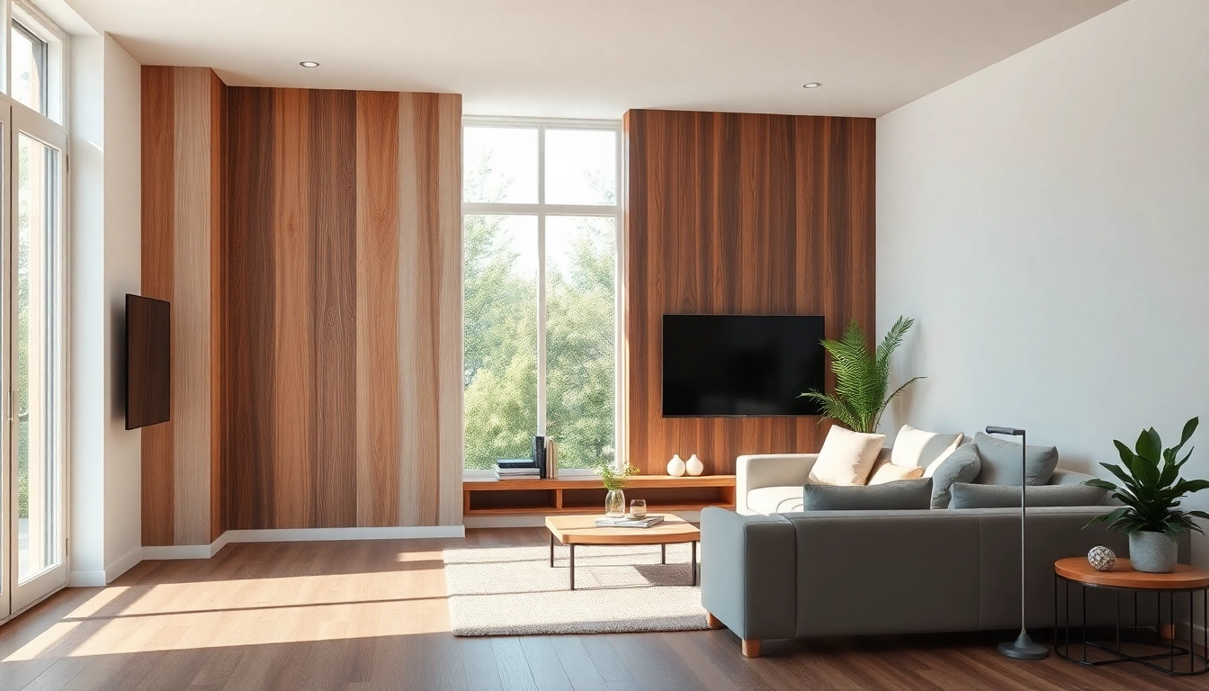 Showcasing modern wood paneling for walls in a stylish living room featuring rich textures and warm lighting.