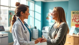 Engaging scene of a weight loss clinic Las Vegas with professionals assisting patients.